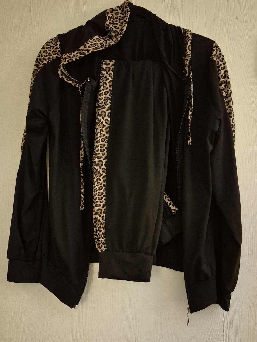 Women’s Black Hoodie Jacket with Leopard Trim
